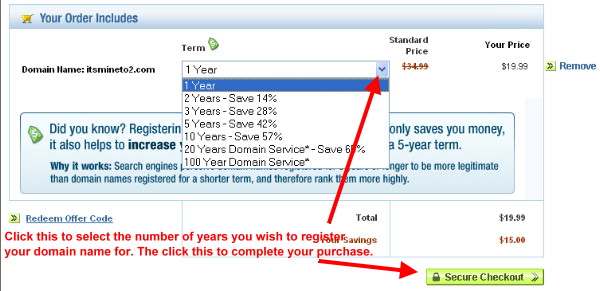 Select the number of years to register a domain name